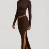 Fustă maxi Nadina din modal cu talie asimetrică, în culoarea ciocolată Fustă maxi Nadina din modal cu talie asimetrică, în culoarea ciocolată