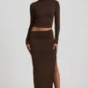 Fustă maxi Nadina din modal cu talie asimetrică, în culoarea ciocolată Fustă maxi Nadina din modal cu talie asimetrică, în culoarea ciocolată