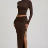 Fustă maxi Nadina din modal cu talie asimetrică, în culoarea ciocolată Fustă maxi Nadina din modal cu talie asimetrică, în culoarea ciocolată