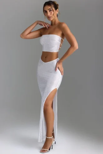Fustă maxi Pelagia cu talie în V și decupaj pe coapsă, în culoarea White Fustă maxi Pelagia cu talie în V și decupaj pe coapsă, în culoarea White