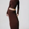 Fustă maxi plisată din tricot cu nervuri Edalene, culoare Espresso