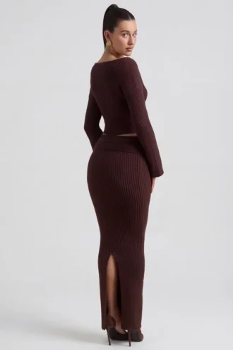 Fustă maxi plisată din tricot cu nervuri Edalene, culoare Espresso Fustă maxi plisată din tricot cu nervuri Edalene, culoare Espresso