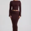 Fustă maxi plisată din tricot cu nervuri Edalene, culoare Espresso