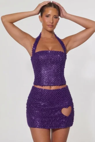 Fustă micro mini A-line cu detalii în formă de inimă Querida, în culoarea violet Fustă micro mini A-line cu detalii în formă de inimă Querida, în culoarea violet