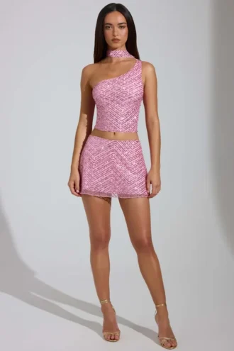 Fustă micro mini A-line cu talie joasă și ornamente Adhara, în roz Fustă micro mini A-line cu talie joasă și ornamente Adhara, în roz