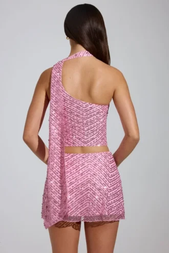 Fustă micro mini A-line cu talie joasă și ornamente Adhara, în roz Fustă micro mini A-line cu talie joasă și ornamente Adhara, în roz