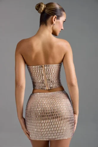 Fustă micro mini cu talie joasă și ornamente Adaia, culoare Almond Fustă micro mini cu talie joasă și ornamente Adaia, culoare Almond