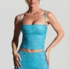 Fustă micro mini cu talie medie și ornamente Inina, în albastru aqua