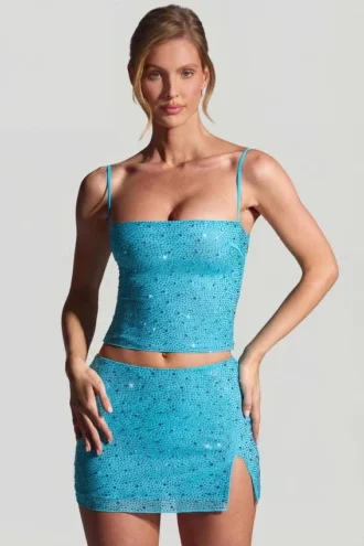 Fustă micro mini cu talie medie și ornamente Inina, în albastru aqua Fustă micro mini cu talie medie și ornamente Inina, în albastru aqua