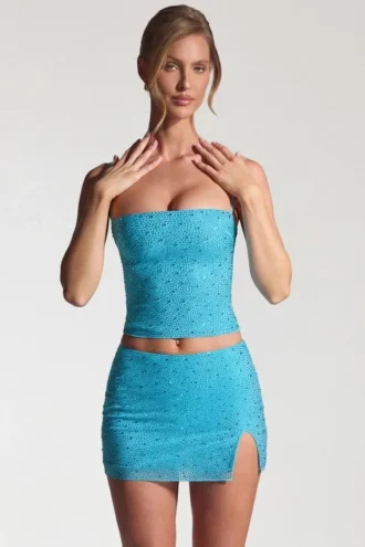 Fustă micro mini cu talie medie și ornamente Inina, în albastru aqua Fustă micro mini cu talie medie și ornamente Inina, în albastru aqua