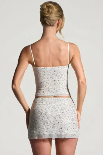 Fustă micro mini Inina cu ornamente, albă