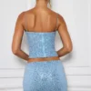 Fustă micro mini Nilsu cu talie medie și ornamente, în albastru deschis Fustă micro mini Nilsu cu talie medie și ornamente, în albastru deschis