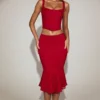 Fustă midi din dantelă coral, cu talie medie și croi evazat, în culoarea True Red Fustă midi din dantelă coral, cu talie medie și croi evazat, în culoarea True Red