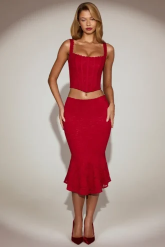 Fustă midi din dantelă coral, cu talie medie și croi evazat, în culoarea True Red