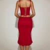 Fustă midi din dantelă coral, cu talie medie și croi evazat, în culoarea True Red Fustă midi din dantelă coral, cu talie medie și croi evazat, în culoarea True Red