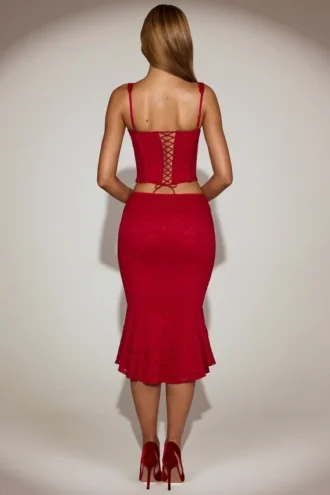 Fustă midi din dantelă coral, cu talie medie și croi evazat, în culoarea True Red