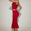 Fustă midi din dantelă coral, cu talie medie și croi evazat, în culoarea True Red Fustă midi din dantelă coral, cu talie medie și croi evazat, în culoarea True Red