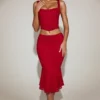 Fustă midi din dantelă coral, cu talie medie și croi evazat, în culoarea True Red Fustă midi din dantelă coral, cu talie medie și croi evazat, în culoarea True Red