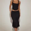 Fustă midi din dantelă Fjolla, cu talie medie și pliuri, în culoarea negru Fustă midi din dantelă Fjolla, cu talie medie și pliuri, în culoarea negru