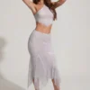 Fustă midi Jordana cu tiv în formă de batistă și ornamente, în culoarea argintiu Fustă midi Jordana cu tiv în formă de batistă și ornamente, în culoarea argintiu