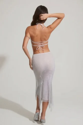Fustă midi Jordana cu tiv în formă de batistă și ornamente, în culoarea argintiu