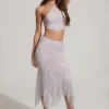 Fustă midi Jordana cu tiv în formă de batistă și ornamente, în culoarea argintiu Fustă midi Jordana cu tiv în formă de batistă și ornamente, în culoarea argintiu
