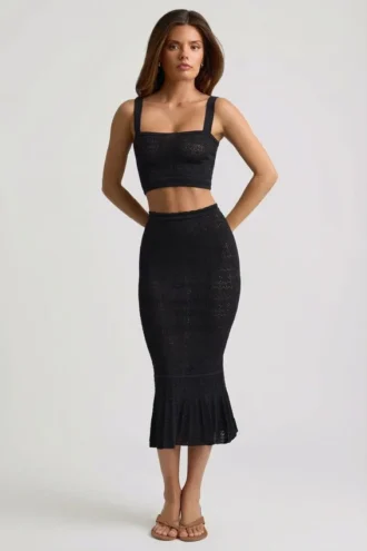 Fustă midi Yasira cu volane și tricot pointelle, negru Fustă midi Yasira cu volane și tricot pointelle, negru