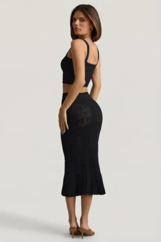 Fustă midi Yasira cu volane și tricot pointelle, negru Fustă midi Yasira cu volane și tricot pointelle, negru