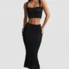 Fustă midi Yasira cu volane și tricot pointelle, negru