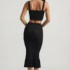 Fustă midi Yasira cu volane și tricot pointelle, negru