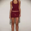 Fustă mini A-line cu talie medie și ornamente Asta, în culoarea burgund Fustă mini A-line cu talie medie și ornamente Asta, în culoarea burgund