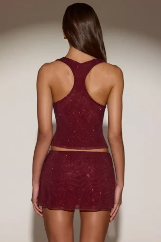 Top Aine din jersey cu gât rotund și spate în formă de U, cu ornamente, în culoarea burgund