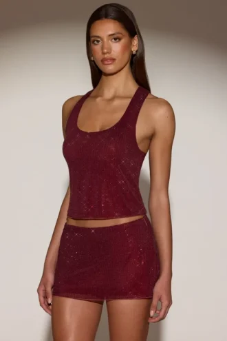 Top Aine din jersey cu gât rotund și spate în formă de U, cu ornamente, în culoarea burgund