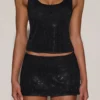 Fustă mini A-line cu talie medie și ornamente Asta, negru Fustă mini A-line cu talie medie și ornamente Asta, negru