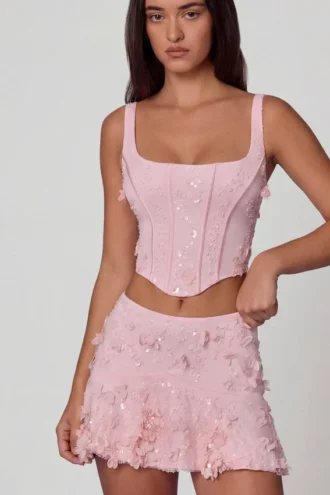 Fustă mini A-line cu talie medie și ornamente Lorelei, în roz pal