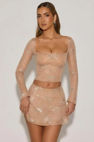 Fustă mini A-line cu talie medie și ornamente Nolene, culoare Almond