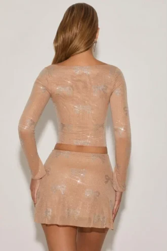 Fustă mini A-line cu talie medie și ornamente Nolene, culoare Almond