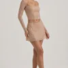 Fustă mini A-line cu talie medie și ornamente Nolene, culoare Almond Fustă mini A-line cu talie medie și ornamente Nolene, culoare Almond