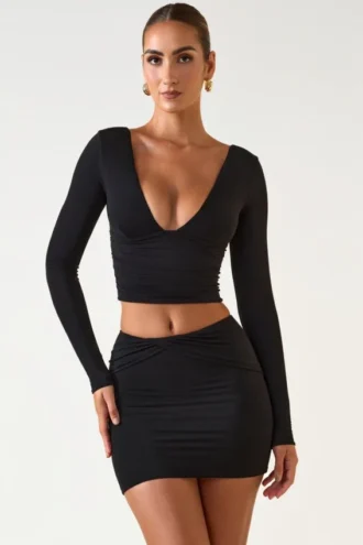 Fustă mini Aliz Modal Twist-Front cu talie medie, în culoarea neagră