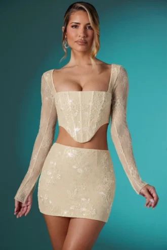 Fustă mini bodycon din dantelă decorată Romy, culoare ivoriu