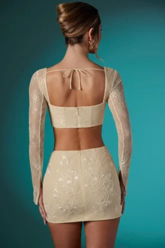 Fustă mini bodycon din dantelă decorată Romy, culoare ivoriu