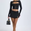 Fustă mini cu talie joasă și detalii cu nasturi, model Dalla, din modal, negru Fustă mini cu talie joasă și detalii cu nasturi, model Dalla, din modal, negru