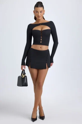 Fustă mini cu talie joasă și detalii cu nasturi, model Dalla, din modal, negru Fustă mini cu talie joasă și detalii cu nasturi, model Dalla, din modal, negru