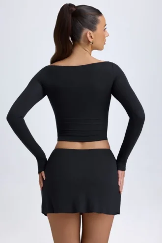 Fustă mini cu talie joasă și detalii cu nasturi, model Dalla, din modal, negru Fustă mini cu talie joasă și detalii cu nasturi, model Dalla, din modal, negru