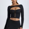 Fustă mini cu talie joasă și detalii cu nasturi, model Dalla, din modal, negru Fustă mini cu talie joasă și detalii cu nasturi, model Dalla, din modal, negru