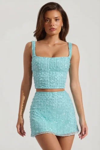 Fustă mini cu talie joasă și ornamente Jianna, albastru aqua