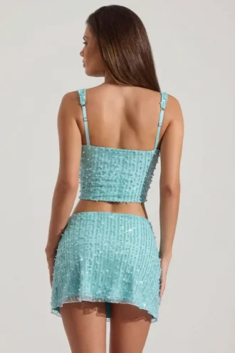 Fustă mini cu talie joasă și ornamente Jianna, albastru aqua