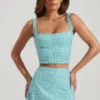 Fustă mini cu talie joasă și ornamente Jianna, albastru aqua Fustă mini cu talie joasă și ornamente Jianna, albastru aqua