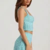 Fustă mini cu talie joasă și ornamente Jianna, albastru aqua Fustă mini cu talie joasă și ornamente Jianna, albastru aqua