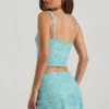 Fustă mini cu talie joasă și ornamente Jianna, albastru aqua Fustă mini cu talie joasă și ornamente Jianna, albastru aqua